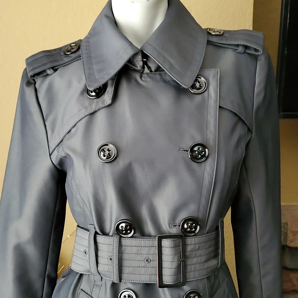 🆕️LONDON FOG Metallic Gray Water Resistant Double Breasted Trench Coat SIZE: PS - Picture 7 of 16